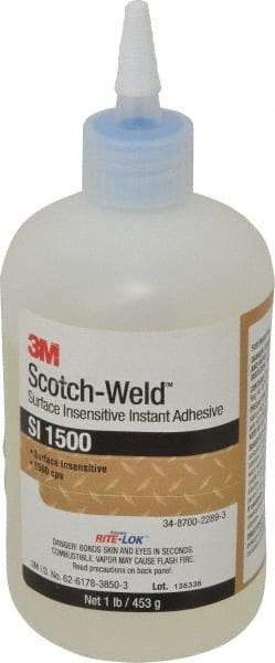 3M - 1 Lb Bottle Clear Instant Adhesive - Series SI1500, 5 to 60 sec Working Time, 24 hr Full Cure Time, Bonds to Cardboard, Ceramic, Fabric, Fiberglass, Foam, Glass, Leather, Metal, Paper, Plastic, Rubber, Vinyl & Wood - Caliber Tooling