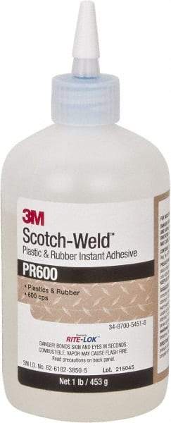 3M - 1 Lb Bottle Clear Instant Adhesive - Series PR600, 4 to 25 sec Working Time, 24 hr Full Cure Time, Bonds to Cardboard, Ceramic, Fabric, Fiberglass, Foam, Glass, Leather, Metal, Paper, Plastic, Rubber, Vinyl & Wood - Caliber Tooling