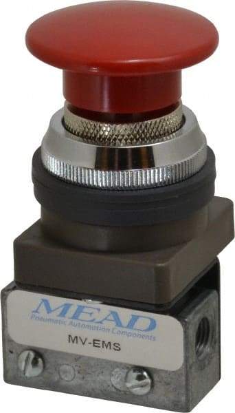 Mead - 1/8" NPT Emergency Stop Manual Valve - 3 Ports, 3-Way, 2-Position Detent, Emergency Stop Push Button Red & Manual Return - Caliber Tooling