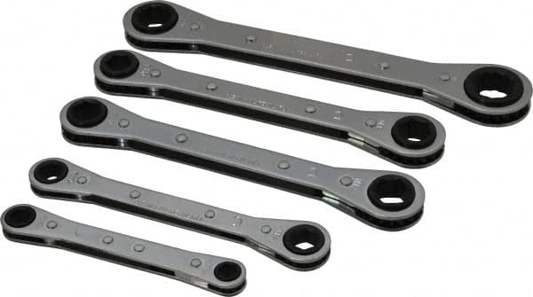 Lang - 5 Piece, 7 to 17mm, Ratcheting Box Wrench Set - Metric System of Measurement, Chrome Finish, Comes in Vinyl Roll - Caliber Tooling