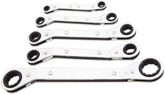 Lang - 5 Piece, 7 x 8 to 15 x 17mm, Ratcheting Box Wrench Set - Metric System of Measurement, Chrome Finish, Comes in Vinyl Roll - Caliber Tooling