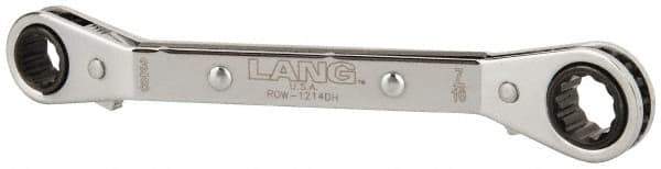 Lang - 3/8" x 7/16" 12 Point Reversible Ratcheting Offset Box Wrench - Double End, 5-7/16" OAL, Steel, 25° Offset - Caliber Tooling