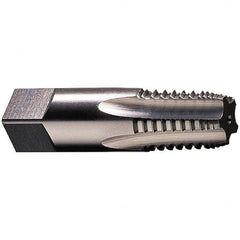 Vermont Tap & Die - 3/8-18 NPTF, 5 Flutes, Bright Finish, High Speed Steel, Interrupted Thread Pipe Tap - 2-9/16 Inch Overall Length, 0.7 Inch Shank Diameter, 1-1/16 Inch Thread Length, 0.53 Inch Square Size, Regular Hook, Taper Chamfer, Series 3182 - Caliber Tooling