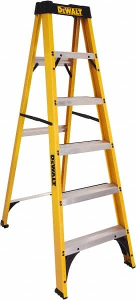 DeWALT - 4 Steps, 6' High, Type I Rating, Fiberglass Step Ladder - Caliber Tooling