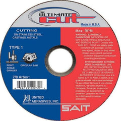 Sait - 6" Aluminum Oxide Cutoff Wheel - 0.045" Thick, 7/8" Arbor, 10,200 Max RPM, Use with Angle Grinders - Caliber Tooling