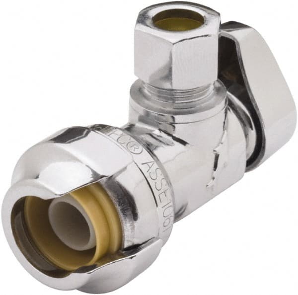 SharkBite - 1/2 & 1/4" Pipe, 200 psi WOG Rating, Brass Angle Stop Valve - Chrome Finished Handle, Push Fit End Connections, For Potable Water Applications - Caliber Tooling