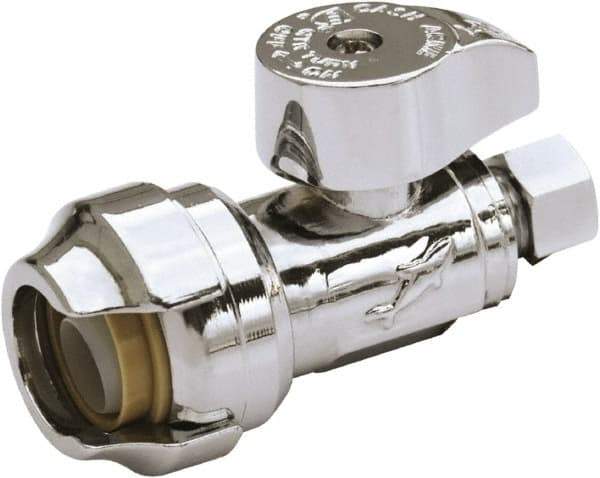 SharkBite - 1/2 & 3/8" Pipe, 200 psi WOG Rating, Brass Stop Valve - Chrome Finished Handle, Push Fit End Connections, For Potable Water Applications - Caliber Tooling