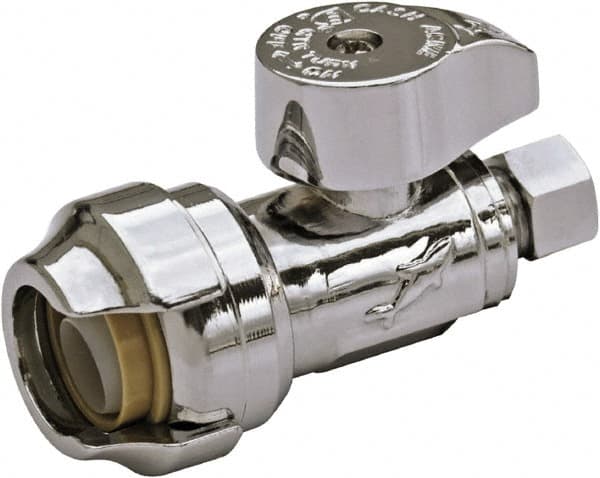 SharkBite - 1/2 & 1/4" Pipe, 200 psi WOG Rating, Brass Stop Valve - Chrome Finished Handle, Push Fit End Connections, For Potable Water Applications - Caliber Tooling