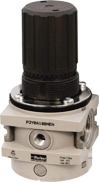 Parker - 1 NPT Port, 550 CFM, Aluminum Hi-Flow Regulator - 0 to 232 psi Range, 254 Max psi Supply Pressure, 1/4" Gauge Port Thread, 3-1/2" Wide x 7.2" High - Caliber Tooling