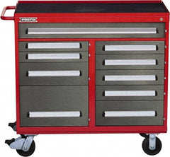 Proto - 10 Drawer Steel Tool Roller Cabinet - 45" Wide x 42-1/2" High x 21-3/8" Deep, Ball Bearing Drawer Slides, Safety Red/Gray - Caliber Tooling