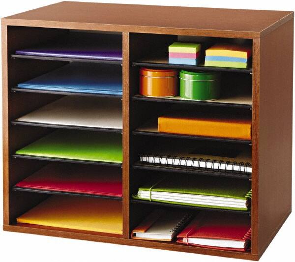 Safco - 19-1/2" Wide x 16" High x 12" Deep Fiberboard, Hardboard & Laminated Compressed Wood Document Organizer - 12 Compartments, Cherry, 9" Wide x 2-3/8" High x 11-1/2" Deep Compartment - Caliber Tooling