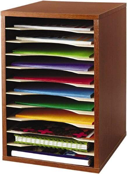 Safco - 10-3/4" Wide x 16" High x 12" Deep Fiberboard, Hardboard & Laminated Compressed Wood Document Organizer - 11 Compartments, Cherry, 9-1/2" Wide x 1-1/4" High x 11-5/8" Deep Compartment - Caliber Tooling