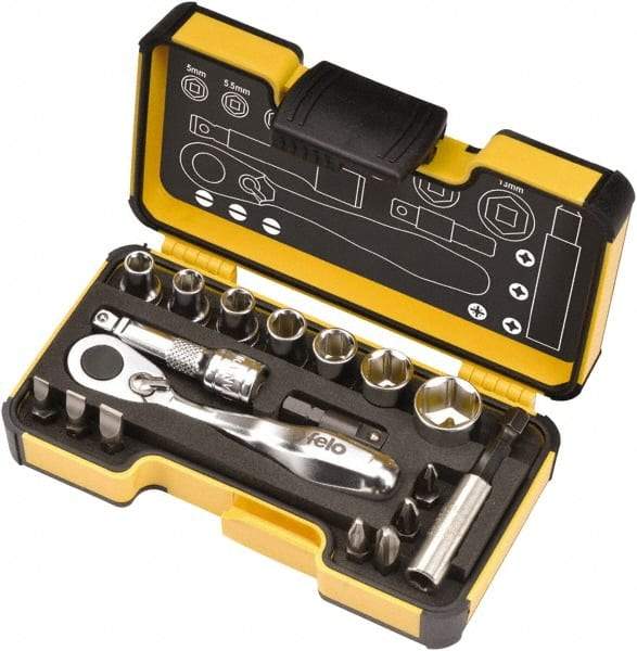 Felo - 18 Piece, 1/4" Drive Screwdriver Mini-Ratchet Bit Kit - #1 to #3 Phillips, 3/16, 1/4 & 9/32" Slotted - Caliber Tooling