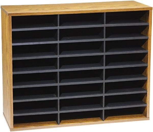 FELLOWES - 29" Wide x 11-7/8" Deep x 23-7/16" High, 24 Compartments, Corrugated Fiberboard & Laminated Literature Organizer - Medium Oak, 9" Compartment Width x 2-1/2" Compartment Depth x 11" Compartment Height - Caliber Tooling