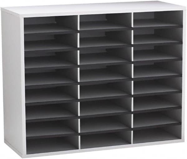 FELLOWES - 29" Wide x 11-7/8" Deep x 23-7/16" High, 24 Compartments, Corrugated Fiberboard & Laminated Literature Organizer - Dove Gray, 9" Compartment Width x 2-1/2" Compartment Depth x 11" Compartment Height - Caliber Tooling