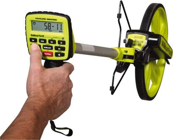 Calculated Industries - 9,999,999' Counter Limit, 45" OAL, Fluorescent Green Measuring Wheel - 99.5" Accuracy per 100", Measures in Feet, Meters, Yards & Inches - Caliber Tooling