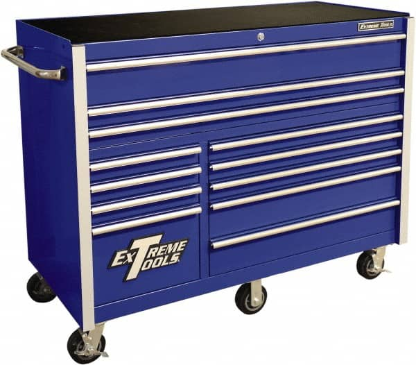 EXTREME TOOLS - 12 Drawer Steel/Aluminum Tool Roller Cabinet - 55" Wide x 46" High x 25" Deep, Ball Bearing Drawer Slides, Blue - Caliber Tooling