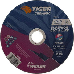 Weiler - 6" 60 Grit Ceramic Cutoff Wheel - 0.045" Thick, 7/8" Arbor, 10,200 Max RPM, Use with Angle Grinders - Caliber Tooling