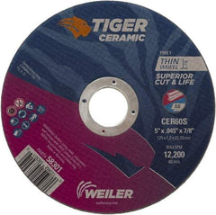 Weiler - 5" 60 Grit Ceramic Cutoff Wheel - 0.045" Thick, 7/8" Arbor, 12,200 Max RPM, Use with Angle Grinders - Caliber Tooling