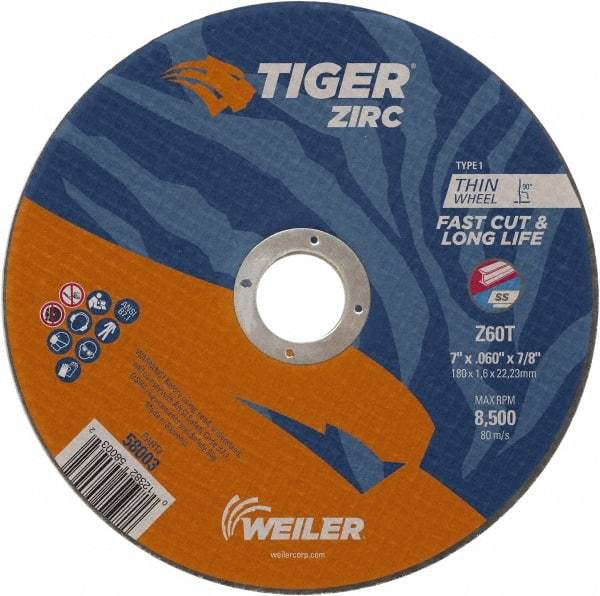 Weiler - 7" 60 Grit Zirconia Alumina Cutoff Wheel - 0.06" Thick, 7/8" Arbor, 8,500 Max RPM, Use with Angle Grinders - Caliber Tooling