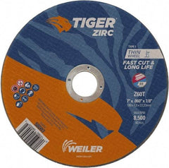 Weiler - 7" 60 Grit Zirconia Alumina Cutoff Wheel - 0.06" Thick, 7/8" Arbor, 8,500 Max RPM, Use with Angle Grinders - Caliber Tooling