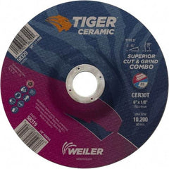 Weiler - 30 Grit, 6" Wheel Diam, 7/8" Arbor Hole, Type 27 Depressed Center Wheel - Hard Grade, Ceramic, T Hardness, 10,200 Max RPM - Caliber Tooling