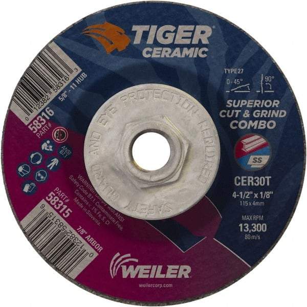 Weiler - 30 Grit, 4-1/2" Wheel Diam, Type 27 Depressed Center Wheel - Hard Grade, Ceramic, T Hardness, 13,300 Max RPM - Caliber Tooling