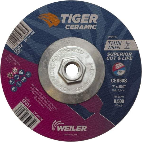 Weiler - 60 Grit, 7" Wheel Diam, Type 27 Depressed Center Wheel - Medium Grade, Ceramic, S Hardness, 8,500 Max RPM - Caliber Tooling