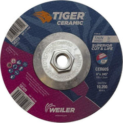 Weiler - 60 Grit, 6" Wheel Diam, Type 27 Depressed Center Wheel - Medium Grade, Ceramic, S Hardness, 10,200 Max RPM - Caliber Tooling