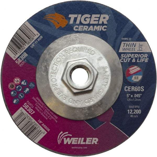 Weiler - 60 Grit, 5" Wheel Diam, Type 27 Depressed Center Wheel - Medium Grade, Ceramic, S Hardness, 12,200 Max RPM - Caliber Tooling