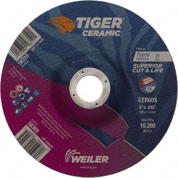 Weiler - 60 Grit, 6" Wheel Diam, 7/8" Arbor Hole, Type 27 Depressed Center Wheel - Medium Grade, Ceramic, S Hardness, 10,200 Max RPM - Caliber Tooling