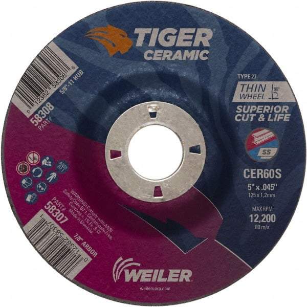 Weiler - 60 Grit, 5" Wheel Diam, 7/8" Arbor Hole, Type 27 Depressed Center Wheel - Medium Grade, Ceramic, S Hardness, 12,200 Max RPM - Caliber Tooling