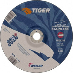 Weiler - 24 Grit, 9" Wheel Diam, 7/8" Arbor Hole, Type 27 Depressed Center Wheel - Medium Grade, Aluminum Oxide, R Hardness, 6,600 Max RPM - Caliber Tooling