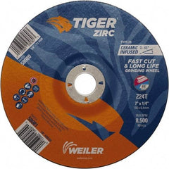 Weiler - 24 Grit, 7" Wheel Diam, 7/8" Arbor Hole, Type 28 Depressed Center Wheel - Hard Grade, Zirconia Alumina, T Hardness, 8,500 Max RPM - Caliber Tooling