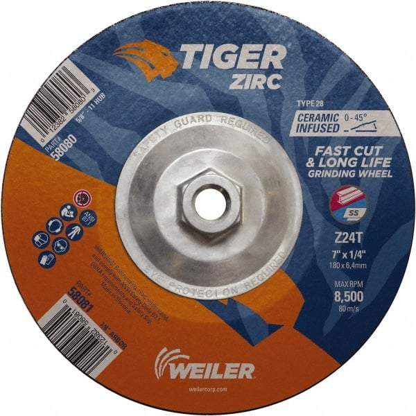 Weiler - 24 Grit, 7" Wheel Diam, Type 28 Depressed Center Wheel - Hard Grade, Zirconia Alumina, T Hardness, 8,500 Max RPM - Caliber Tooling