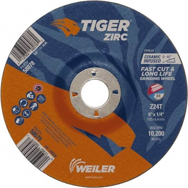 Weiler - 24 Grit, 6" Wheel Diam, 7/8" Arbor Hole, Type 27 Depressed Center Wheel - Hard Grade, Zirconia Alumina, T Hardness, 10,200 Max RPM - Caliber Tooling