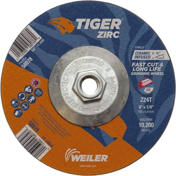 Weiler - 24 Grit, 6" Wheel Diam, Type 27 Depressed Center Wheel - Hard Grade, Zirconia Alumina, T Hardness, 10,200 Max RPM - Caliber Tooling