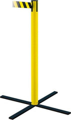 Tensator - 36" High, 5" Pole Diam, Stowaway Post - 22-3/4" Base Diam, Flat Metal Base, Yellow Plastic Post, 7-1/2' x 2" Tape, Single Line Tape, For Outdoor Use - Caliber Tooling