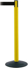 Tensator - 38" High, 2-1/2" Pole Diam, Barricade Tape Dispenser - 14" Base Diam, Round Stainless Steel Base, Yellow Polymer Post, 7-1/2' x 1-7/8" Tape, Single Line Tape, For Outdoor Use - Caliber Tooling