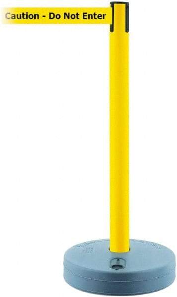 Tensator - 38" High, 2-1/2" Pole Diam, Barricade Tape Dispenser - 14" Base Diam, Round Plastic Base, Yellow Polymer Post, 7-1/2' x 1-7/8" Tape, Single Line Tape, For Outdoor Use - Caliber Tooling