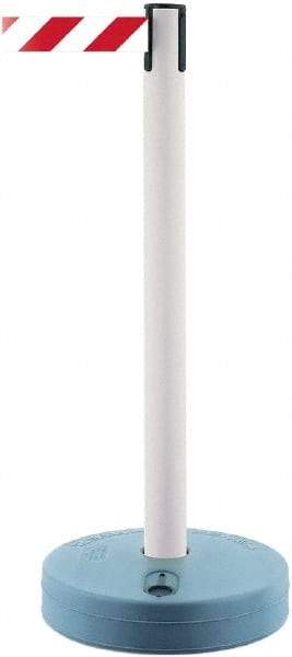 Tensator - 38" High, 2-1/2" Pole Diam, Barricade Tape Dispenser - 14" Base Diam, Round Plastic Base, White Polymer Post, 7-1/2' x 1-7/8" Tape, Single Line Tape, For Outdoor Use - Caliber Tooling