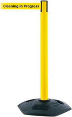 Tensator - 38" High, 2-1/2" Pole Diam, Barricade Tape Dispenser - 14" Base Diam, Round Rubber Base, Yellow Polymer Post, 7-1/2' x 1-7/8" Tape, Single Line Tape, For Outdoor Use - Caliber Tooling