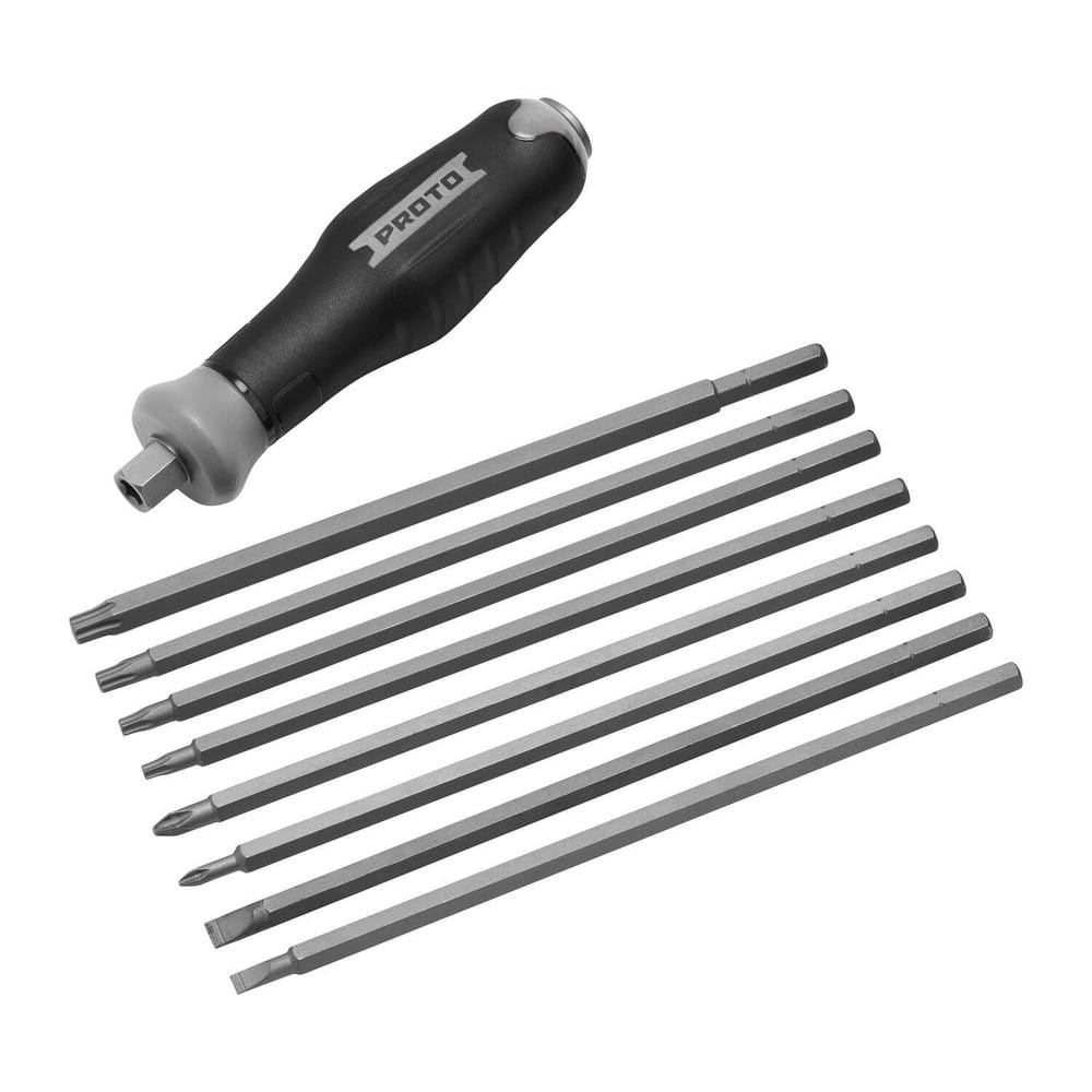 Bit Screwdrivers; Tip Type: Slotted; Torx; Hex; Phillips; Drive Size: 1/4 in; Slotted Point Size: 1/4 in; 9/32 in; Finish: Black Oxide; Includes: Hex: 3/16 in; 1/4 in, Phillips: #1; 9/32 in, Torx: T20; T25; #2, Slotted: 1/4 in; Number Of Pieces: 8; Overal