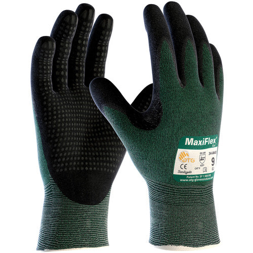 ‎34-8443/L Gloves for Cut Protection - MaxiFlex Cut - Green Eng Yarn - Black Nitrile Dotted MicroFoam Grip - A2 - Exact Industrial Supply