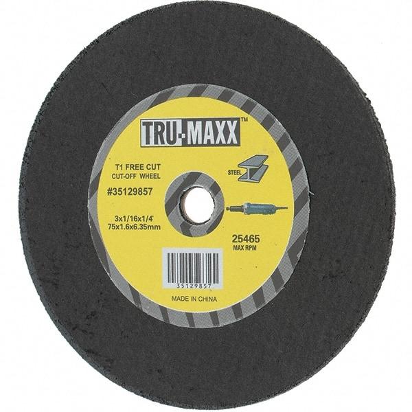 Tru-Maxx - 3" 36 Grit Aluminum Oxide Cutoff Wheel - 1/16" Thick, 1/4" Arbor, Use with Die Grinders - Caliber Tooling