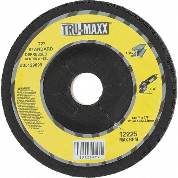 Tru-Maxx - 24 Grit, 5" Wheel Diam, 1/4" Wheel Thickness, 7/8" Arbor Hole, Type 27 Depressed Center Wheel - Coarse Grade, Aluminum Oxide, R Hardness, Compatible with Angle Grinder - Caliber Tooling