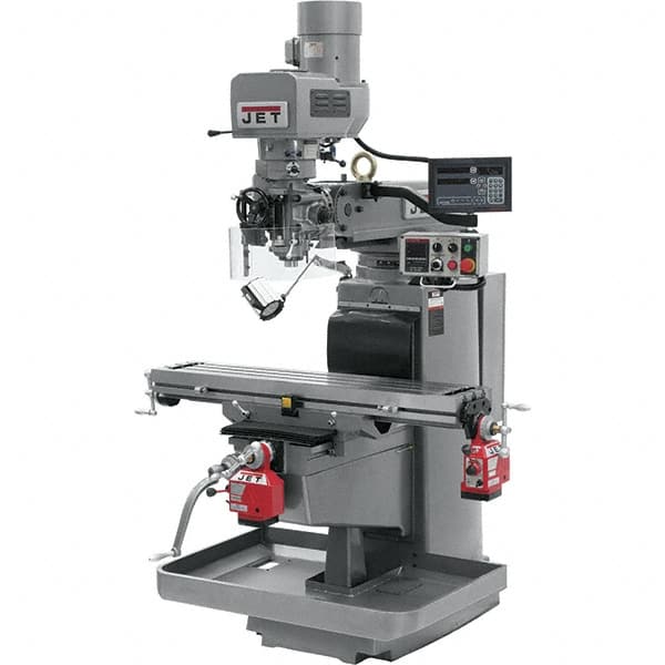 Jet - 10" Table Width x 50" Table Length, Electronic Variable Speed Control, 3 Phase Knee Milling Machine - 3 hp - Caliber Tooling