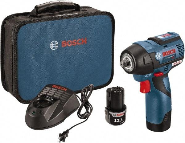 Bosch - 3/8" Drive 12 Volt Pistol Grip Cordless Impact Wrench & Ratchet - 1,200/2,600 RPM, 0 to 3,100 BPM, 85 Ft/Lb Torque, 2 Lithium-Ion Batteries Included - Caliber Tooling