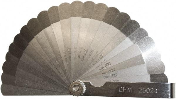 OEM Tools - 22 Piece, 0.004 to 0.027" Thick, Feeler Gage Set - 3-1/4" Leaf Length, 1/2" Wide, Steel - Caliber Tooling