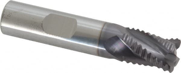 Accupro - 1/2" Diam, Coarse Pitch, 5/8" LOC, 4 Flute Solid Carbide Roughing Square End Mill - AlTiN Finish, 2-1/2" OAL, 1/2" Shank Diam, Single End, Centercutting, 30° Helix - Caliber Tooling